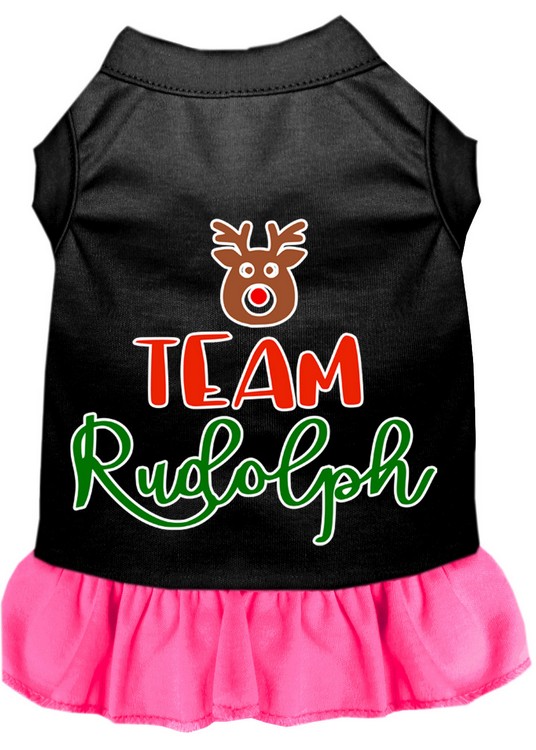 Team Rudolph Screen Print Dog Dress Black with Bright Pink Med